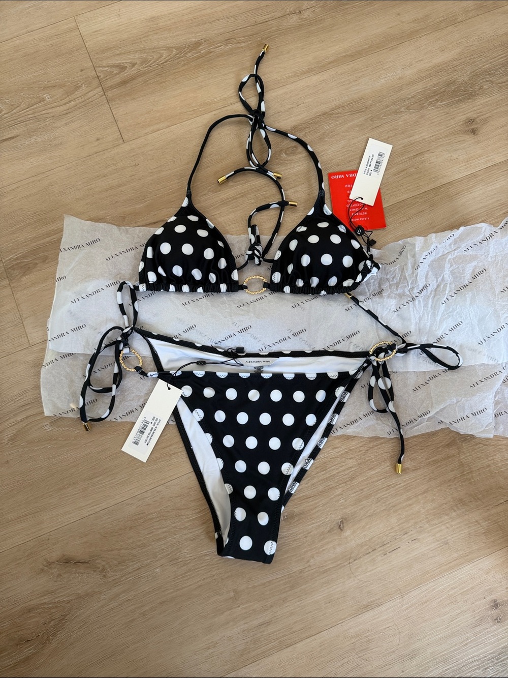 Polka Dot Tie-Side Triangle Bikini in Black & White
